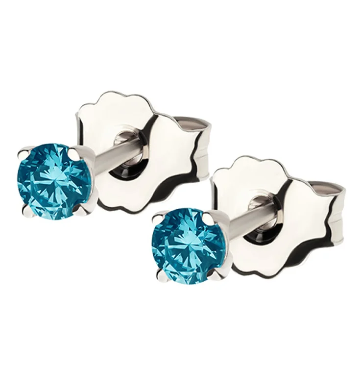 small stud earrings for teens -14kt White Gold March Birthstone Aquamarine CZ Stud Earrings