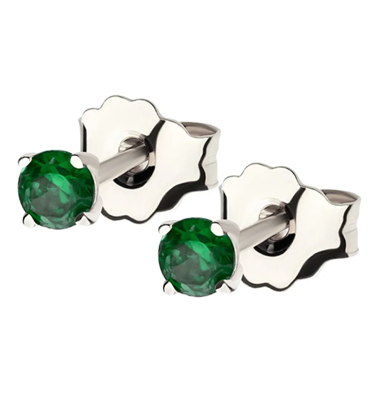 small stud earrings for daily wear -14kt White Gold May Birthstone Emerald CZ Stud Earrings