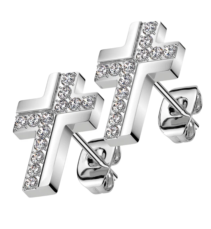 cute stud earrings for young girls -Abstract Cross Clear CZ Stainless Steel Stud Earrings