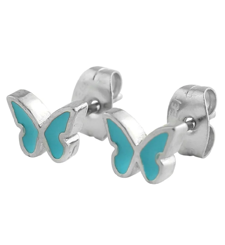 heart-shaped stud earrings for kids -Aqua Butterfly Stainless Steel Stud Earrings