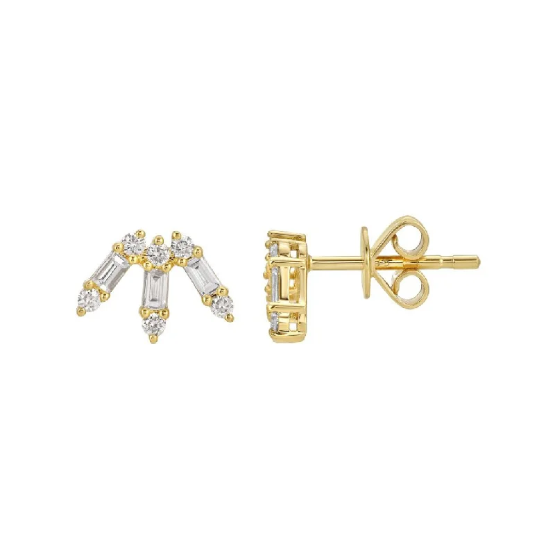 minimalist stud earrings for women -BAGUETTE DIAMOND CROWN STUDS