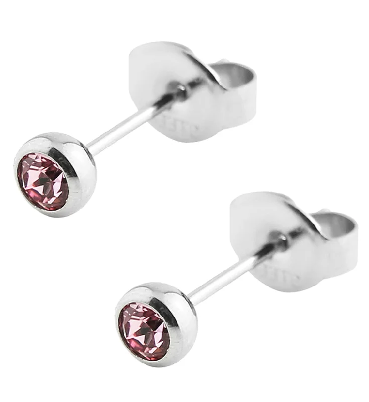 pearl stud earrings for women -Pink Bezel CZ Stainless Steel Stud Earrings