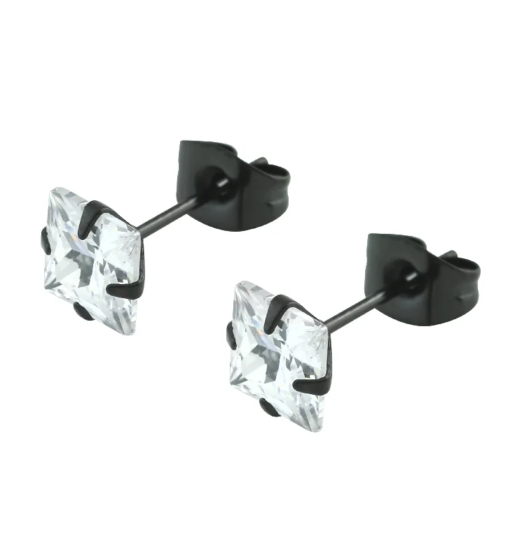 silver stud earrings for men -Black PVD Square Clear CZ Stainless Steel Stud Earrings