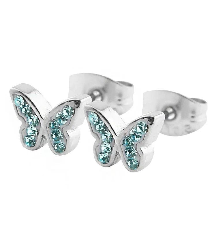 small diamond stud earrings for women -Butterfly Aqua CZ Stainless Steel Stud Earrings