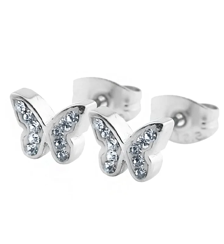 diamond stud earrings for evening events -Butterfly Clear CZ Stainless Steel Stud Earrings