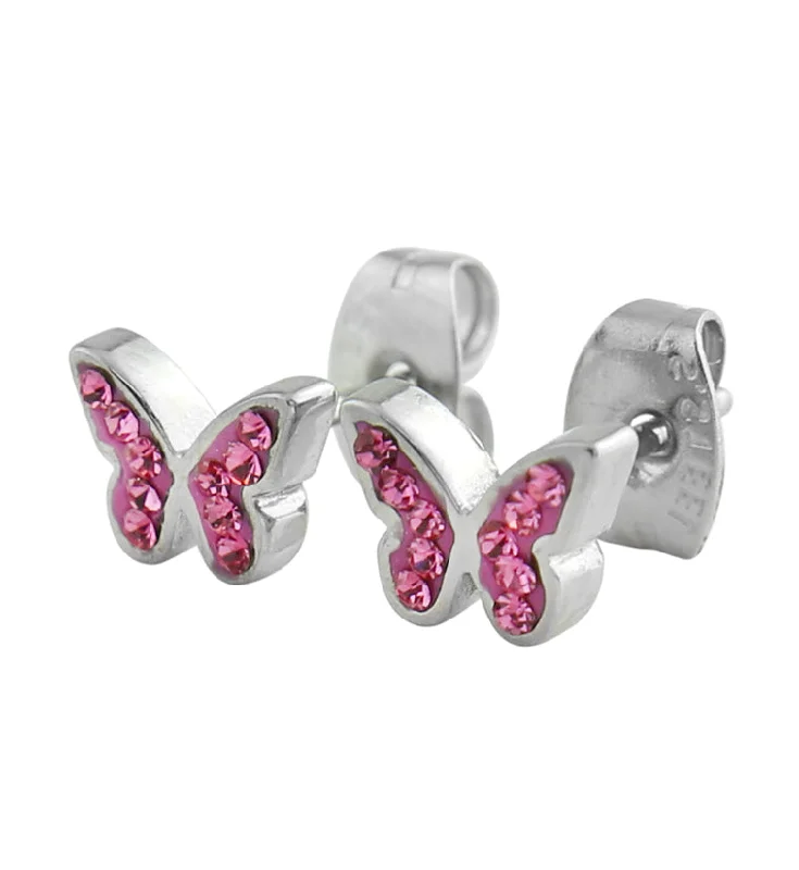 simple silver stud earrings for everyday wear -Butterfly Hot Pink CZ Stainless Steel Stud Earrings