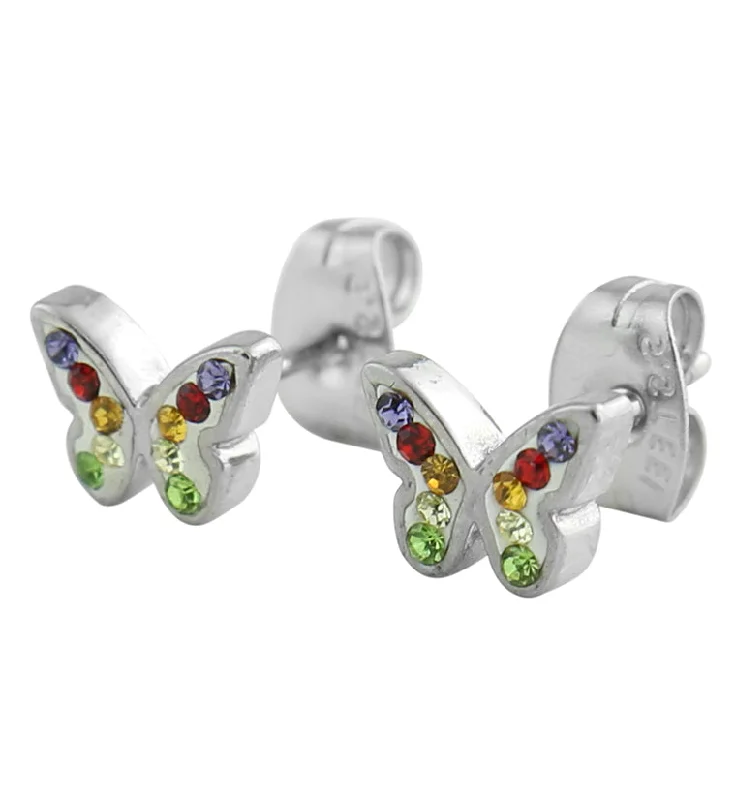 custom engraved stud earrings for men -Butterfly Rainbow CZ Stainless Steel Stud Earrings