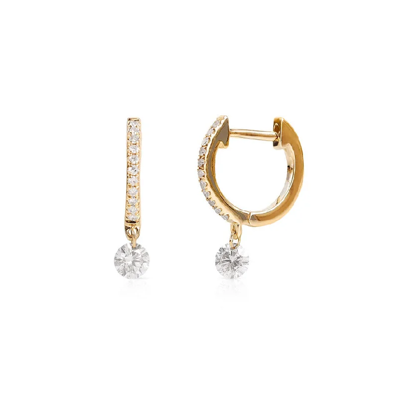 trendy gold stud earrings for women -FLOATING DROP DIAMOND HUGGIES