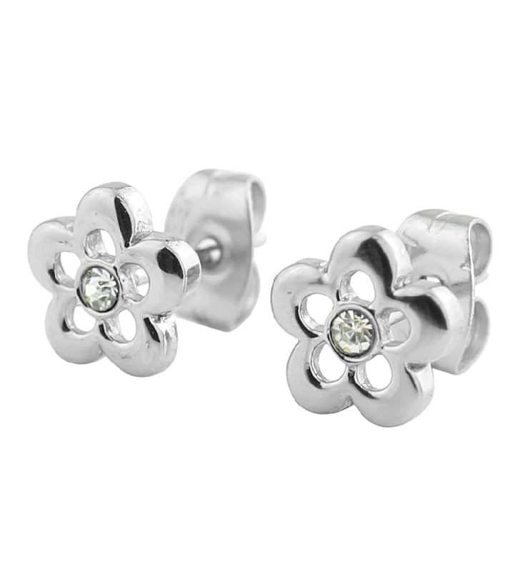 gold stud earrings for women with diamonds -Flower Trace Clear CZ Stainless Steel Stud Earrings