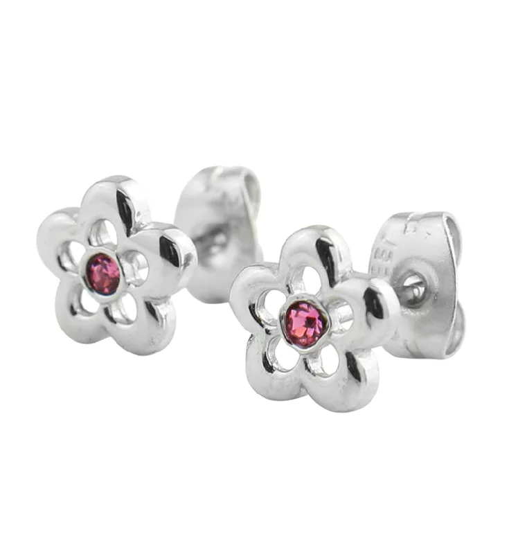 diamond stud earrings for brides -Flower Trace Pink CZ Stainless Steel Stud Earrings