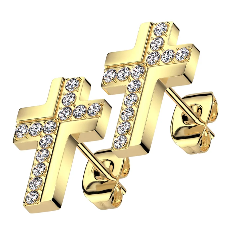 diamond stud earrings for brides -Gold PVD Abstract Cross Clear CZ Stainless Steel Stud Earrings