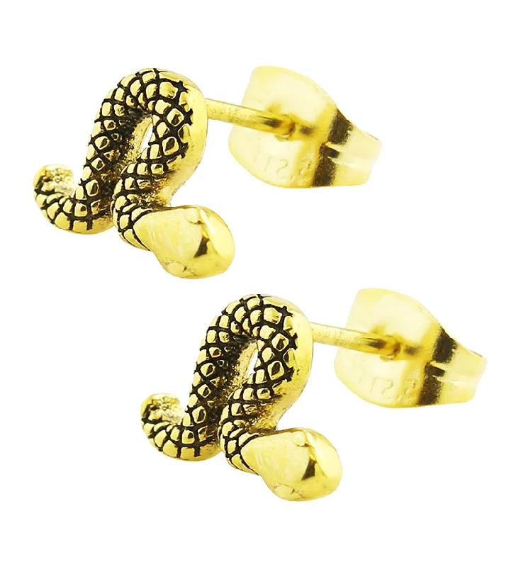 bridal stud earrings for women -Gold PVD Etched Snake Stainless Steel Stud Earrings