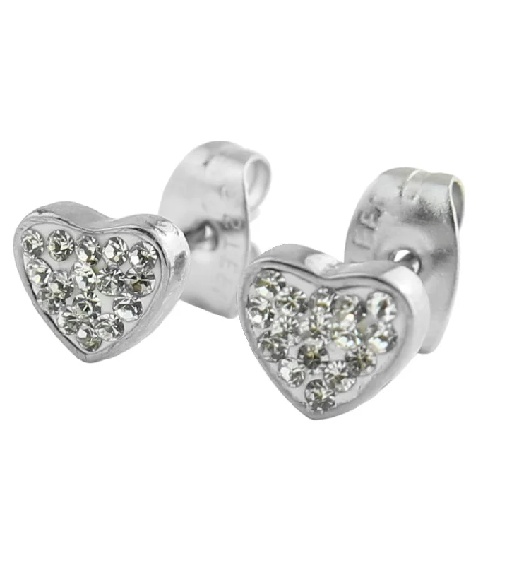 trendy crystal stud earrings for women -Heart Clear CZ Stainless Steel Stud Earrings