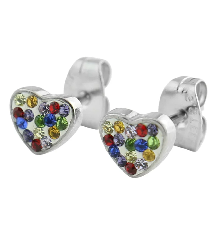 statement stud earrings for bold looks -Heart Rainbow CZ Stainless Steel Stud Earrings