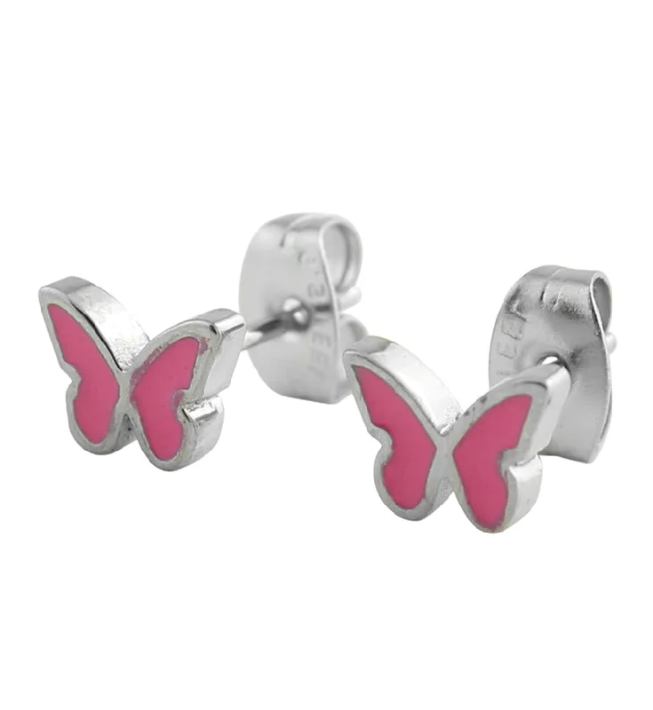 flower-shaped stud earrings for women -Hot Pink Butterfly Stainless Steel Stud Earrings