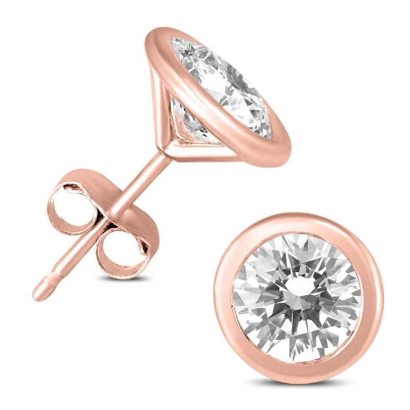 pearl stud earrings for brides -Marquee 1 Carat TW Certified Bezel Diamond Solitaire Stud Earrings in 14K Rose Gold