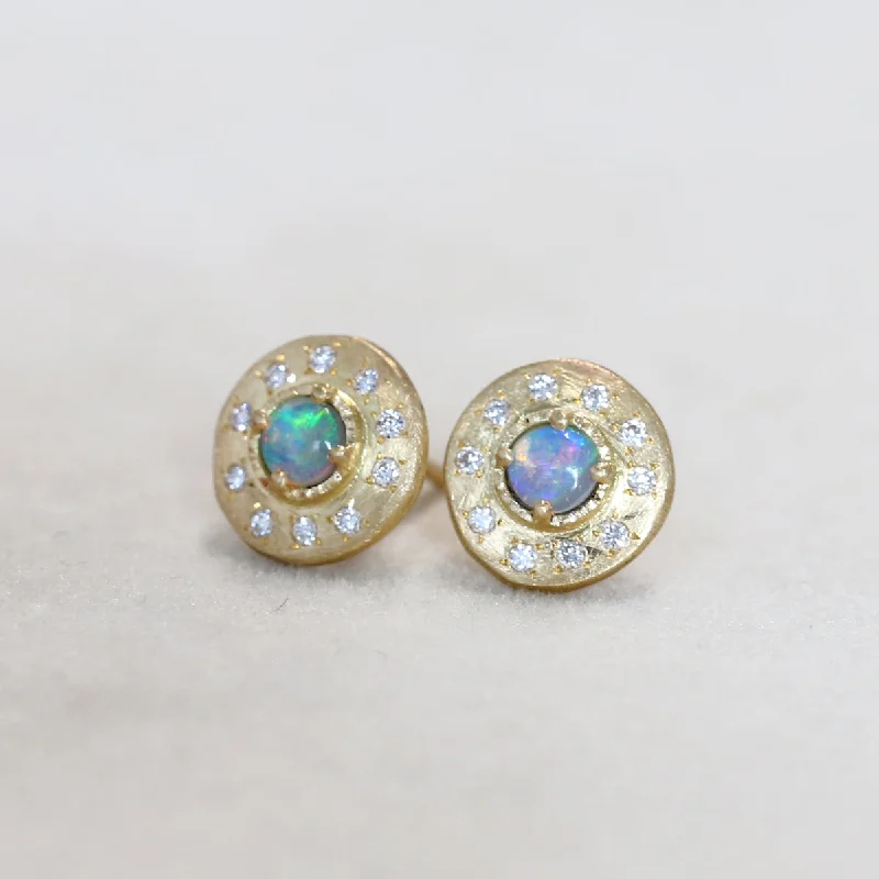 sterling silver stud earrings with diamonds -Opal disc studs