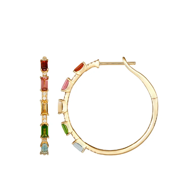 trendy stud earrings for young girls -RAINBOW BAGUETTE GEMSTONE AND DIAMOND HOOPS