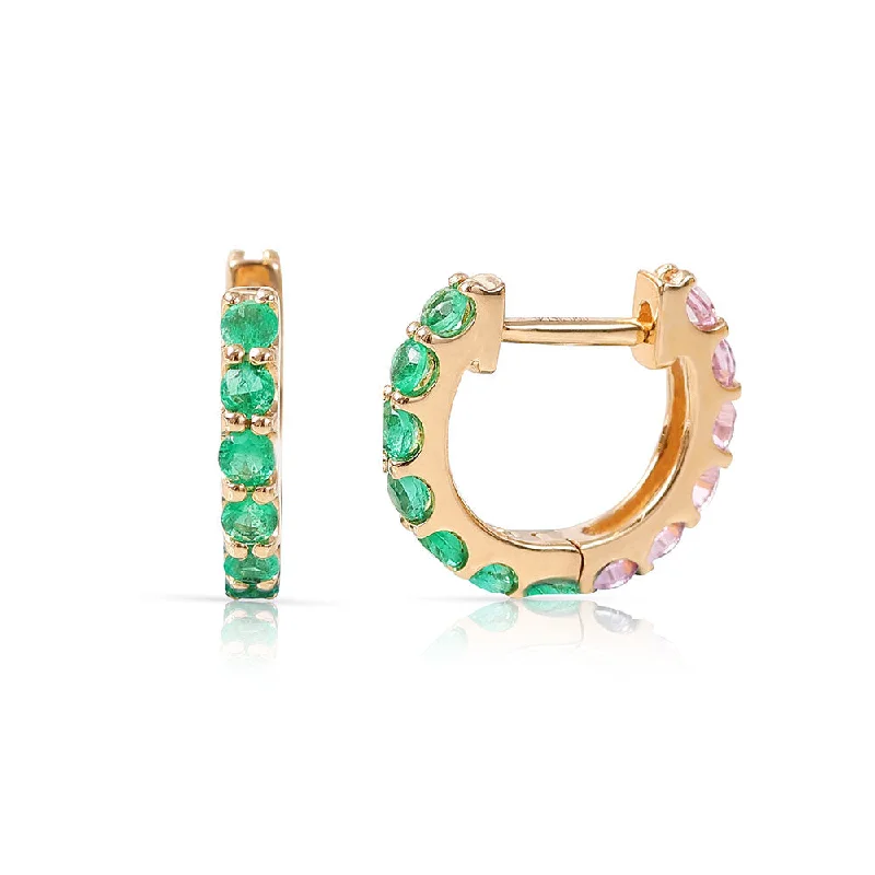 glittery stud earrings for parties -REVERSIBLE EMERALD AND PINK SAPPHIRE HUGGIES