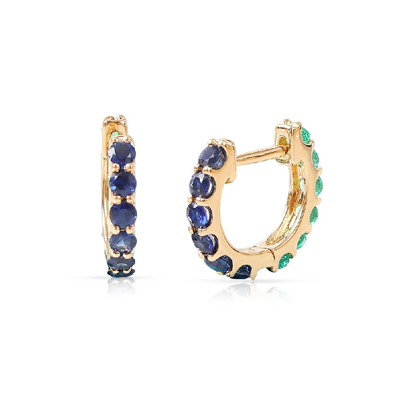 cute stud earrings for young girls -REVERSIBLE EMERALD AND BLUE SAPPHIRE HUGGIES