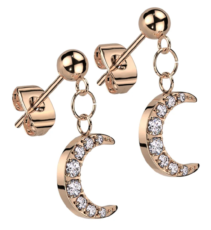 elegant stud earrings for formal events -Rose Gold PVD Crescent Moon CZ Dangle Stainless Steel Stud Earrings