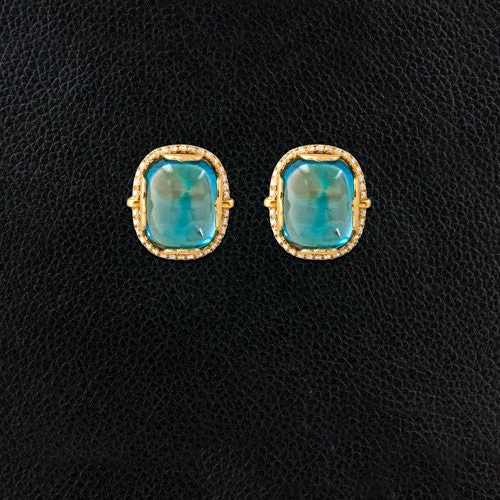 chic stud earrings for weddings -Cabochon London Blue Topaz & Diamond Earrings