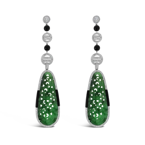 round stud earrings for women -Carved Jade & Diamond Dangle Earrings