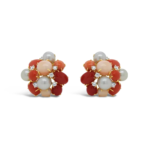 trendy gold stud earrings for women -Coral, Diamond & Pearl Cluster Earrings