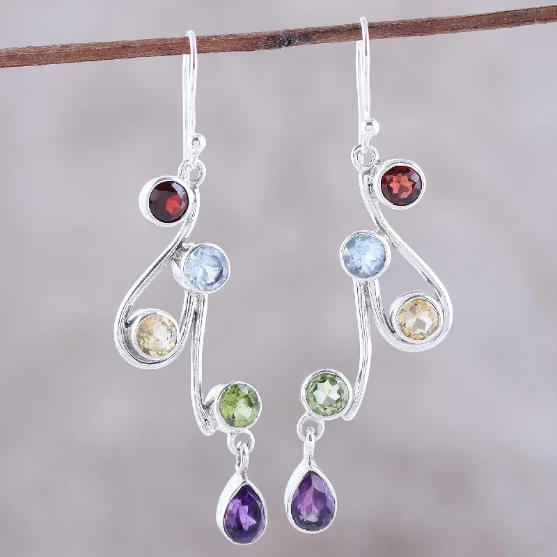 silver stud earrings for men -Dancing Rainbow Multi-Gemstone and Scrolling Sterling Silver Dangle Earrings