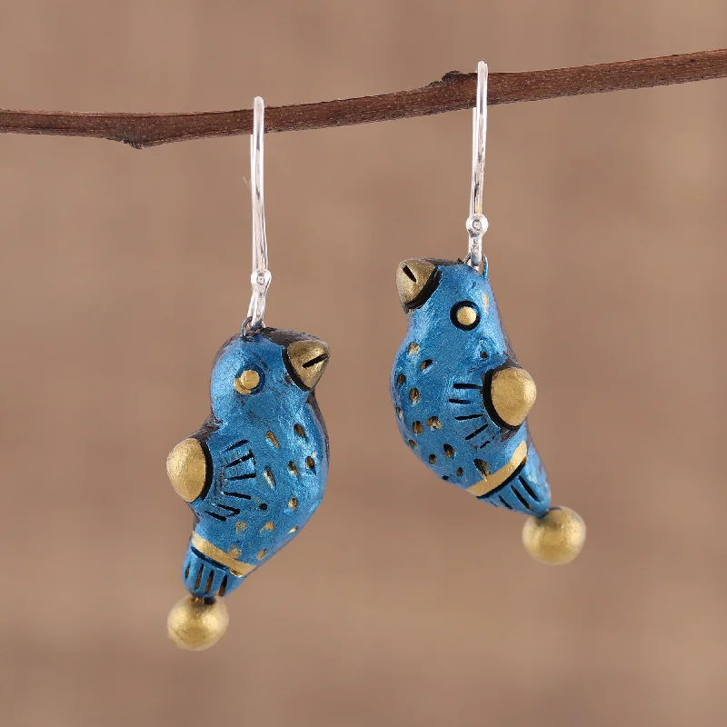 minimalist silver stud earrings -Dancing Sparrow Hand Crafted Terracotta Blue Bird Earrings from India