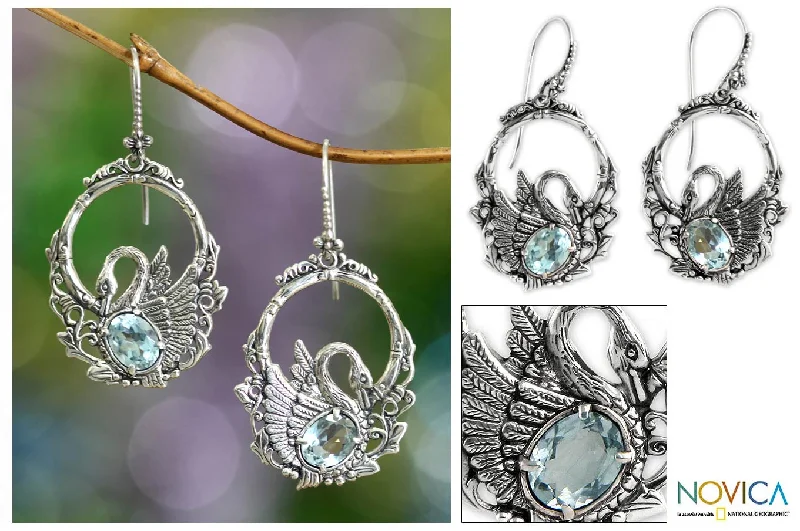 bold stud earrings for fashion lovers -Dancing Swan Blue Topaz Dangle Earrings