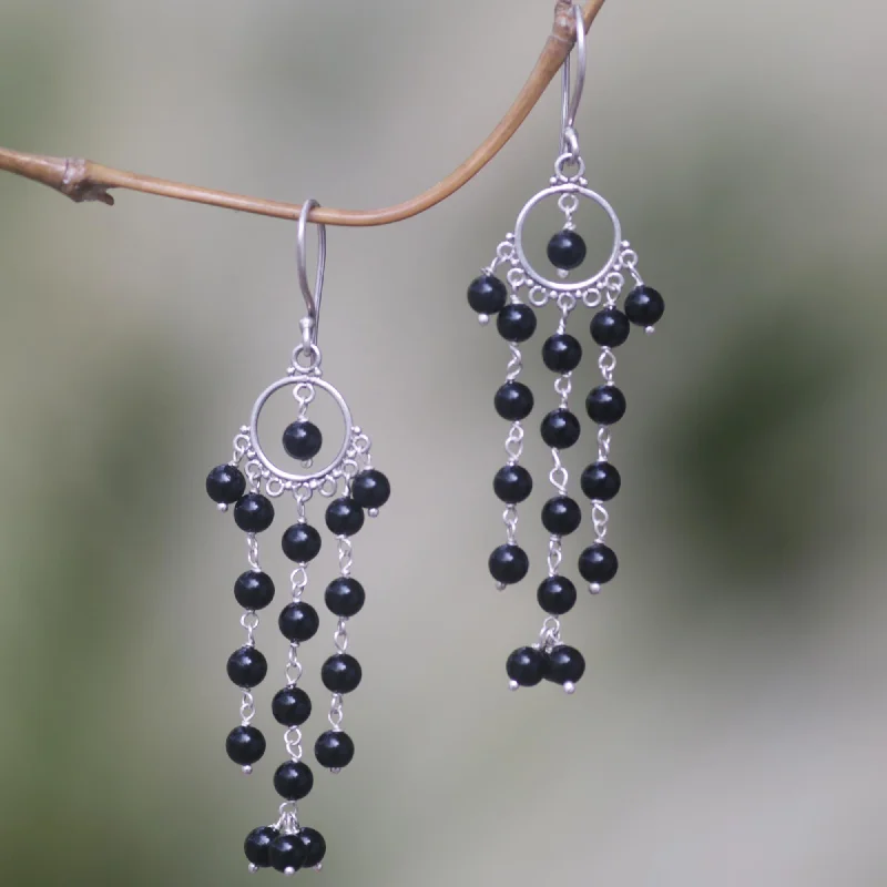 simple silver stud earrings for everyday wear -Dangling Hopes Artisan Crafted Onyx and Sterling Silver Chandelier Earrings