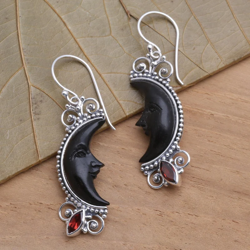 small stud earrings for girls -Dark Crescent Moon Silver and Garnet Moon Earrings with Water Buffalo Horn