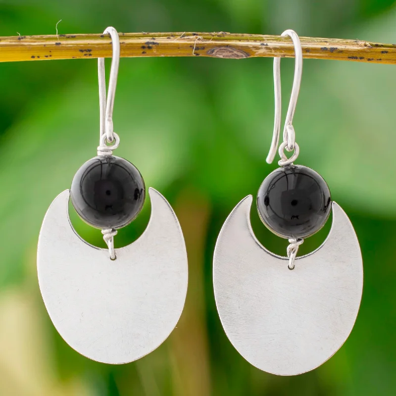 simple stud earrings for men -Dark Eclipse Onyx and Sterling Silver Dangle Earrings from Nicaragua