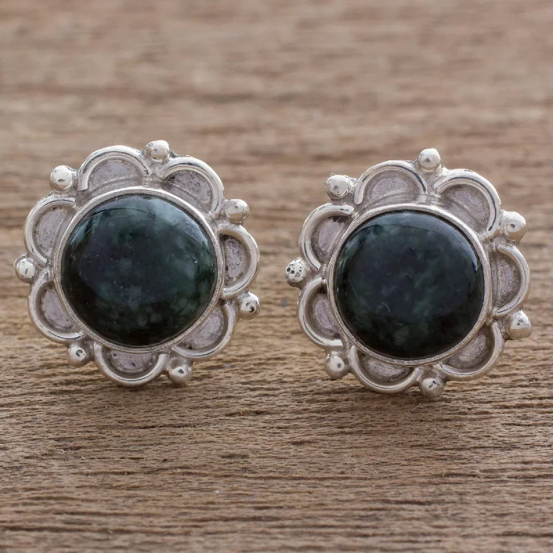 double stud earrings for a unique look -Dark Forest Princess Sterling Silver Floral Button Earrings with Dark Green Jade