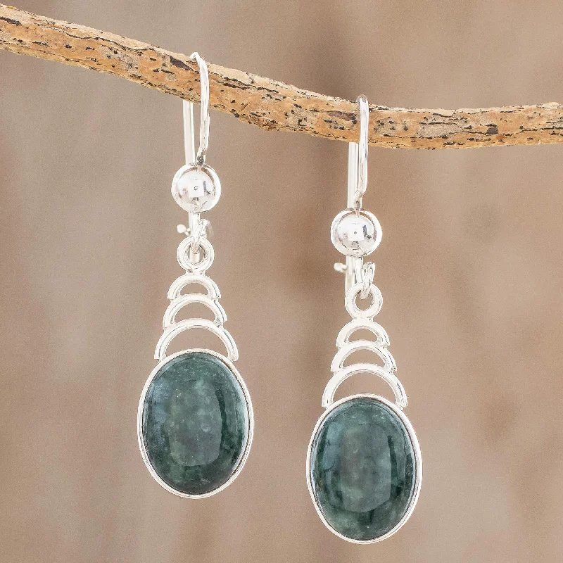 gold stud earrings for women -Dark Green Antique Arcs Arc Motif Jade Dangle Earrings from Guatemala