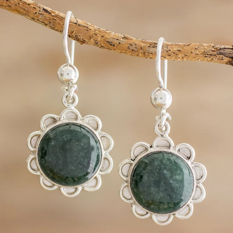 luxury stud earrings for special occasions -Dark Green Solar Flower Dark Green Jade Dangle Earrings from Guatemala