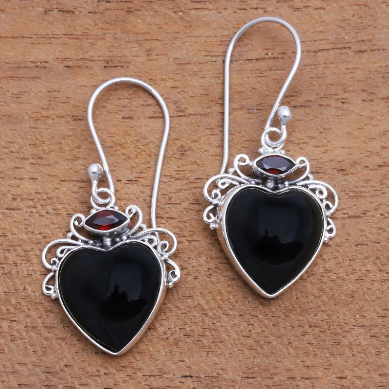 trendy gold stud earrings for women -Dark Passion Heart-Shaped Garnet and Horn Dangle Earrings from Bali