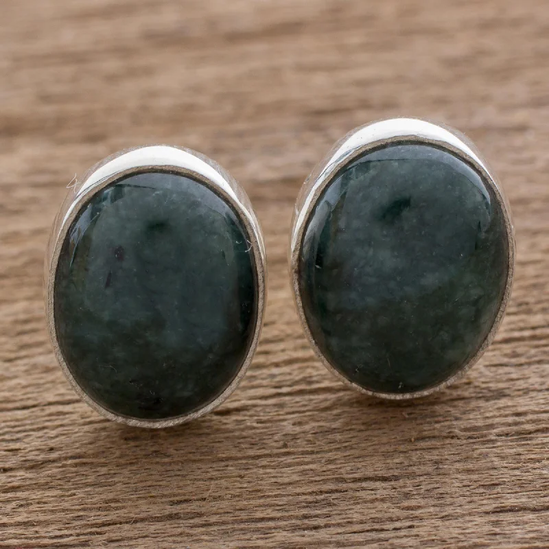 diamond stud earrings for everyday wear -Dark Voluptuous Green Modern Maya Jade Post Earrings with Sterling Silver