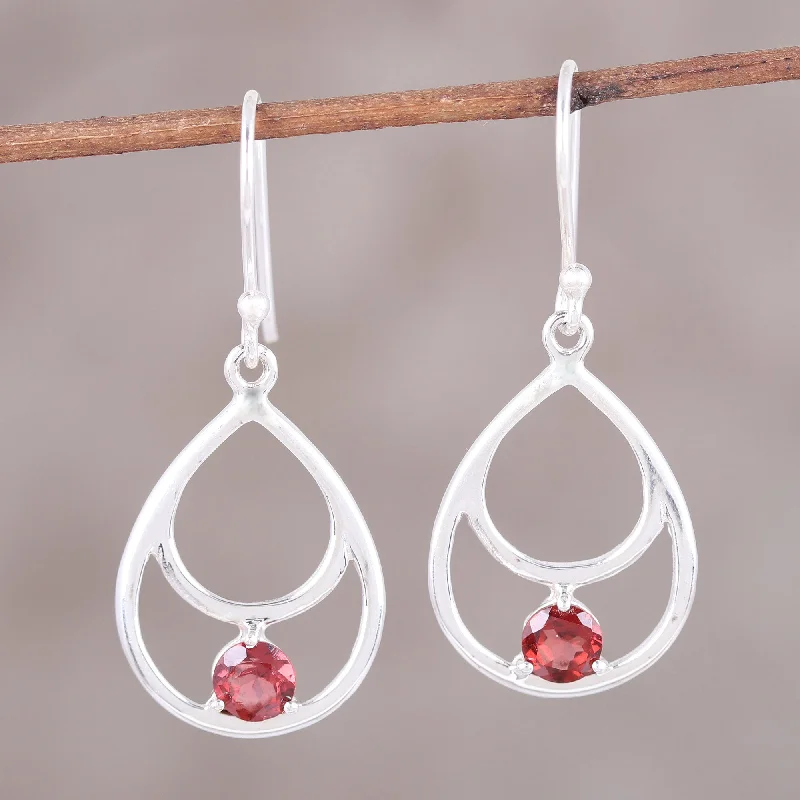 silver stud earrings with pearls -Dawn's Dew Garnet and Sterling Silver Double Teardrop Dangle Earrings