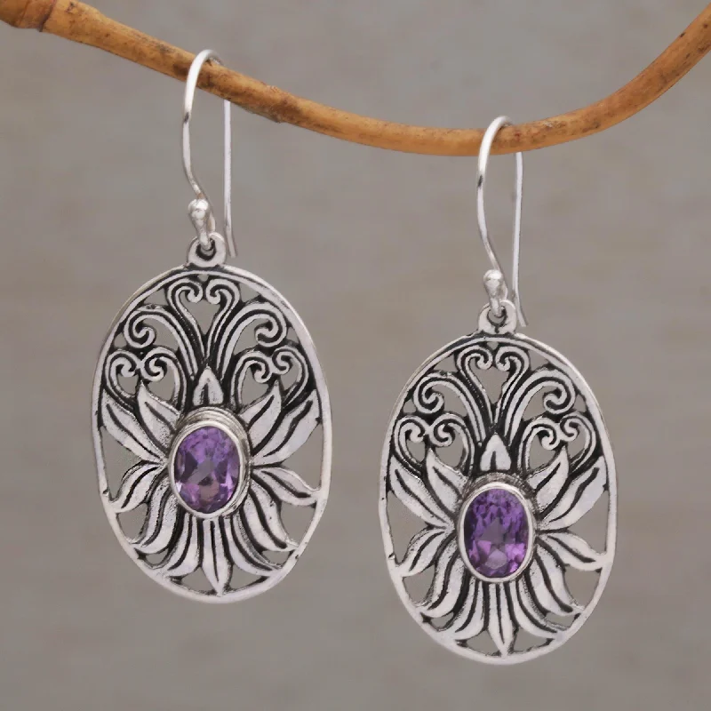 large gemstone stud earrings for women -Daylight Lotus Balinese Amethyst and Sterling Silver Lotus Dangle Earrings