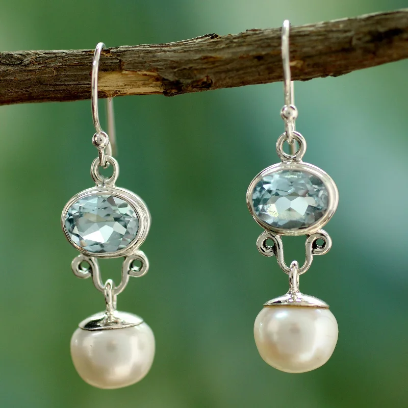 colorful stud earrings for women -Dazzling Delhi Pearl and Blue Topaz Dangle Earrings