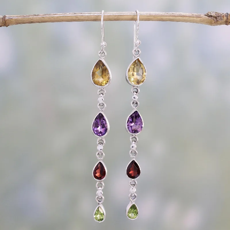 sterling silver stud earrings with gemstones -Dazzling Drops Multi-Gem Citrine Amethyst Garnet and Peridot Earrings