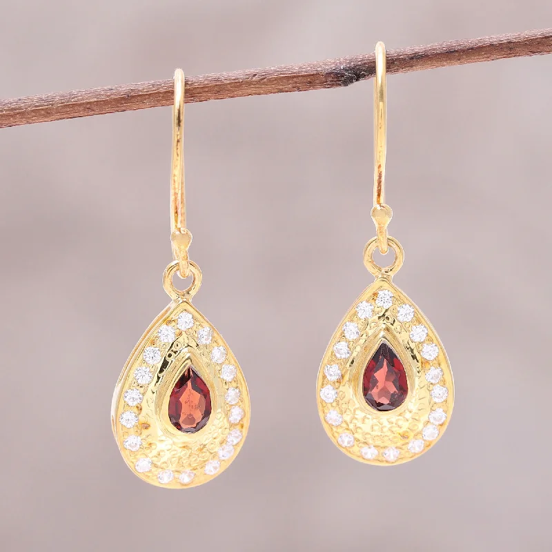 classic stud earrings for women -Dazzling Fire Garnet Gold Plated Sterling Silver Teardrop Dangle Earrings