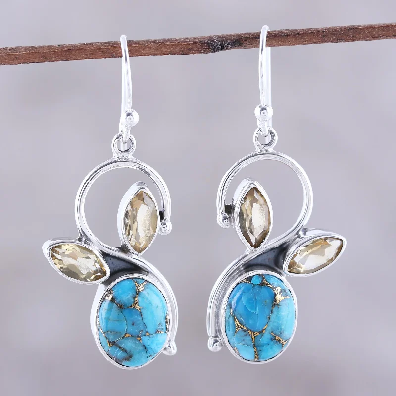 crystal stud earrings for women -Dazzling Sparkle Citrine and Composite Turquoise Dangle Earrings from India