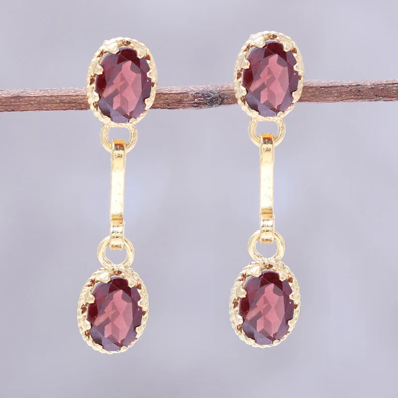 butterfly stud earrings for girls -Dazzling Twins Gold Plated Garnet Dangle Earrings from India