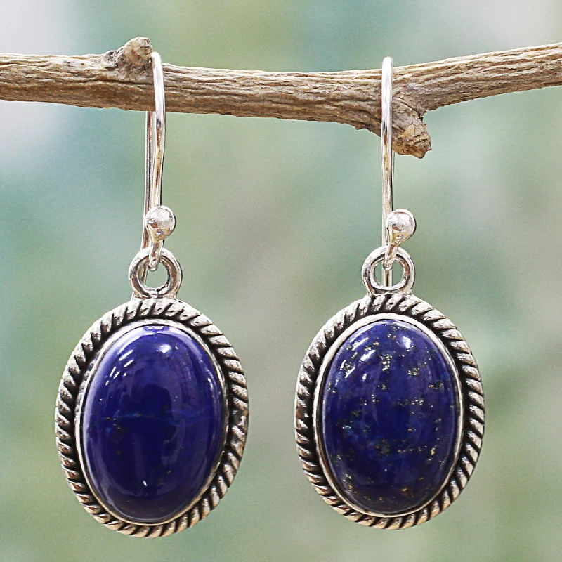 stud earrings for wedding guests -Deep Blue Grandeur Oval Lapis Lazuli and Sterling Silver Dangle Earrings