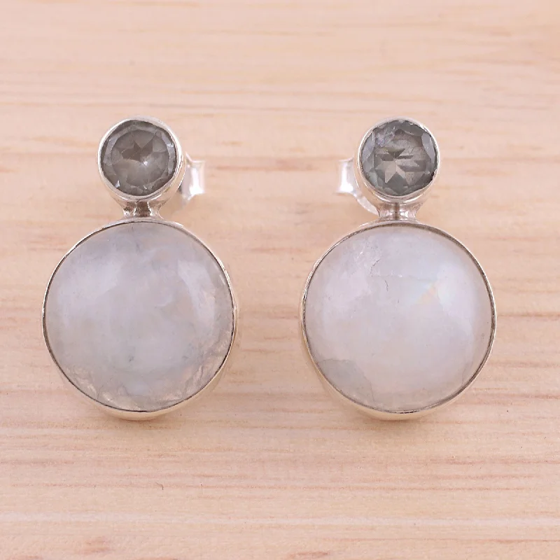 simple silver stud earrings for everyday wear -Delhi Diva Rainbow Moonstone and Blue Topaz Drop Earrings from India