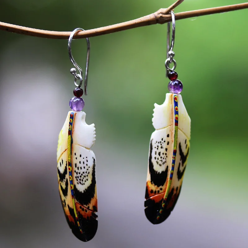 pearl stud earrings for brides -Delightful Feathers Hand-Carved Bone and Amethyst Feather Dangle Earrings