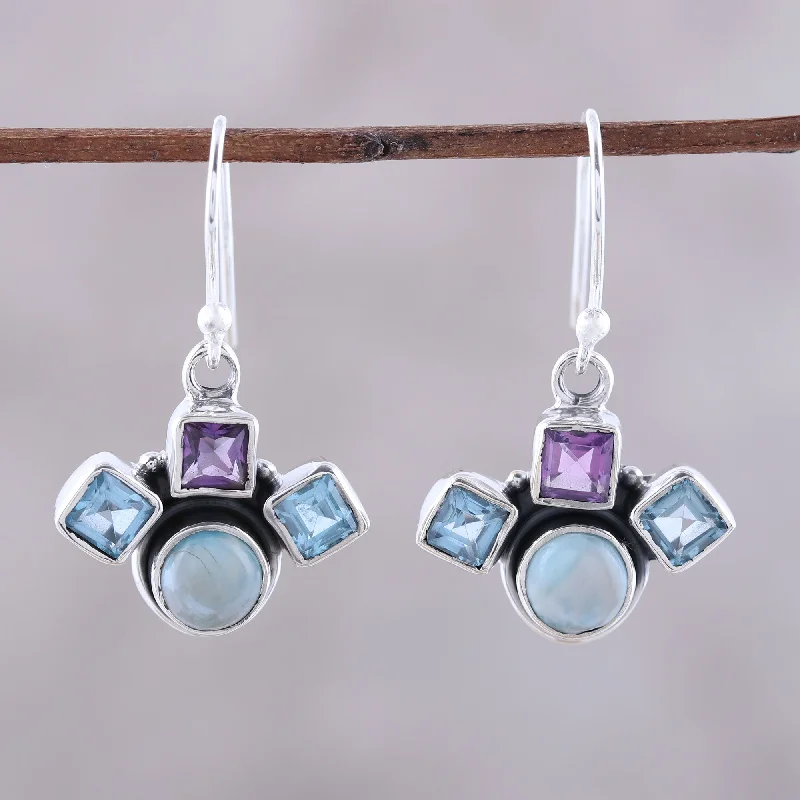 heart-shaped stud earrings for women -Delightful Glow Blue Topaz Amethyst and Larimar Silver Dangle Earrings